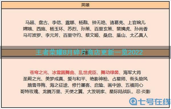 王者荣耀8月碎片商店更新一览2022